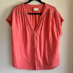 Velvet Capria Challis Top Cotton Gauze Coral Pink Button Front Short Sleeve Sz M